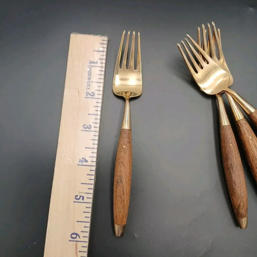 Antique Rosewood Bronze and Wood Set of 4 Salad Fork Thailand Rare